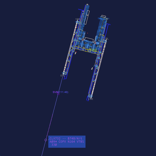 EuroScope's Radar scope showing a 'Cargolux' Boeing 747-800 on final for 01L at VTBS